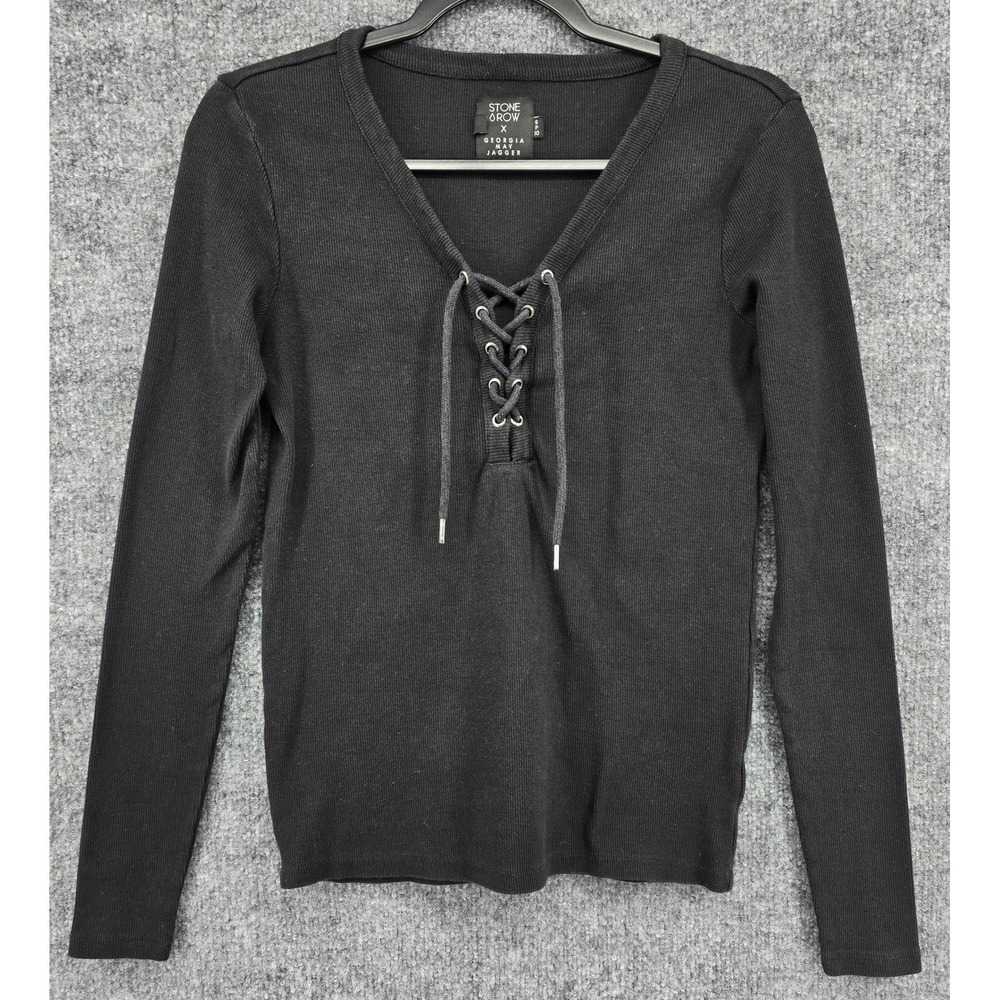 Stone Row x Georgia Jagger Lace Up Shirt Women S Black Ribbed V-Neck